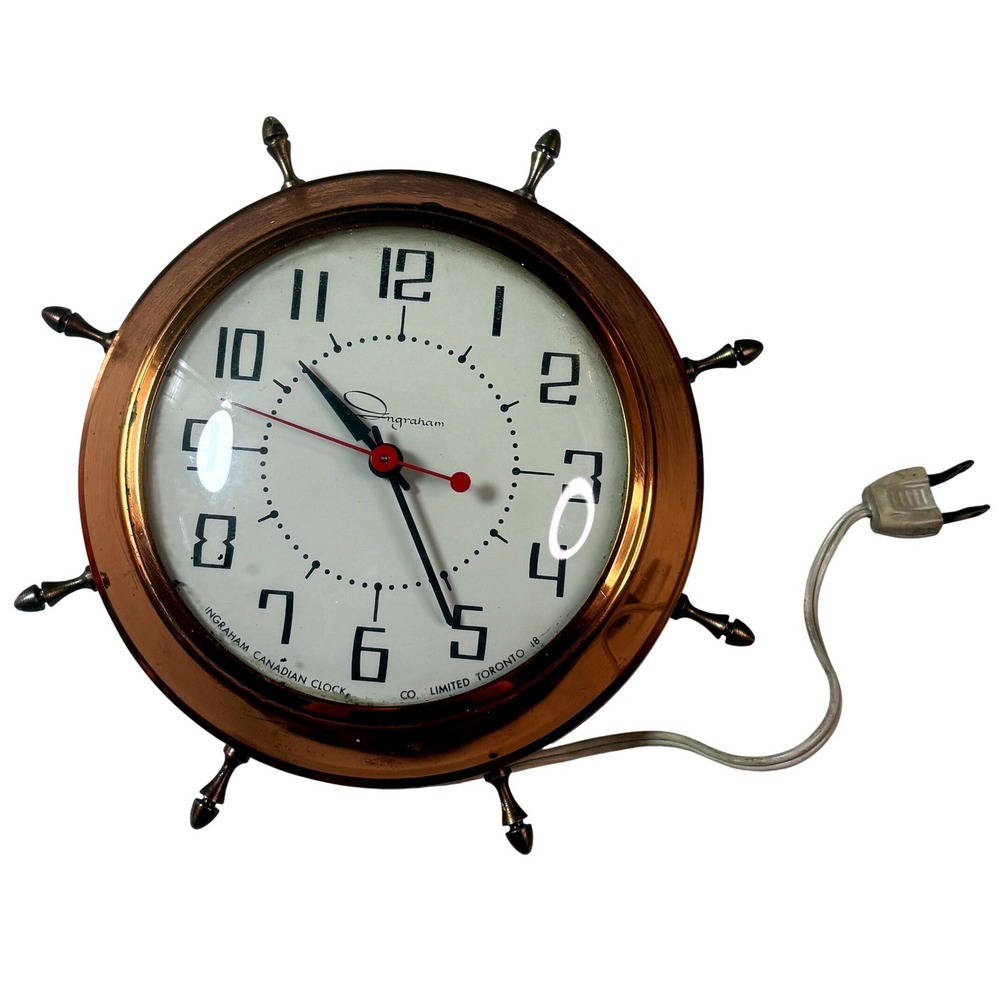 Vintage Ingraham Canadian Ship Wheel Electric Clock Mid Century Nautical WORKS